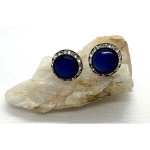 Vintage Blue Rhinestone Round Silver Tone Screw Back‎ Earrings 1960s Retro